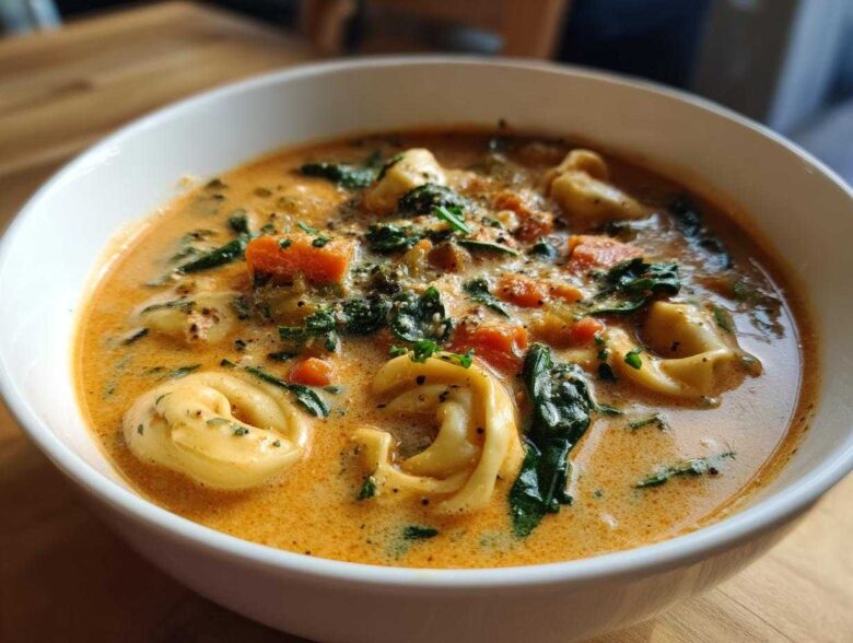 A close-up view of a white bowl filled with rich, creamy One-Pot Creamy Tortellini Minestrone soup, featuring tortellini, spinach, and diced tomatoes.