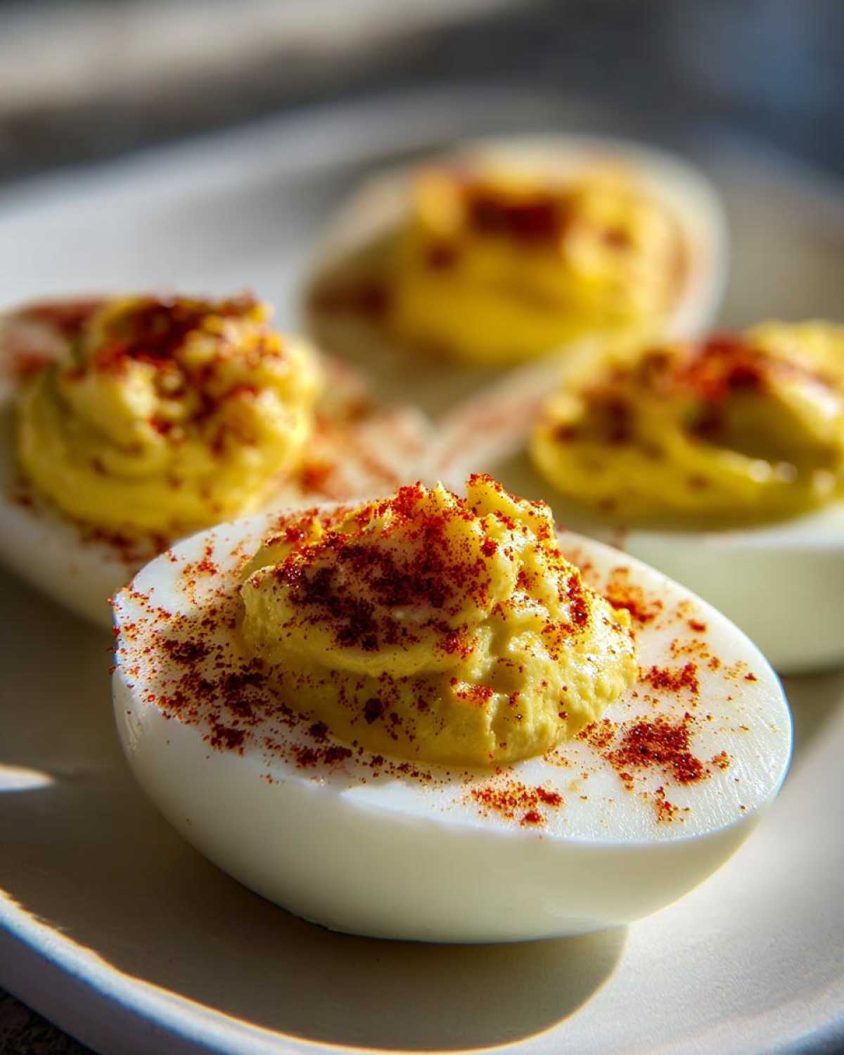 Close-up of creamy, yellow filling in a halved hard-boiled egg white, topped with bright red paprika, showcasing perfect deviled eggs.