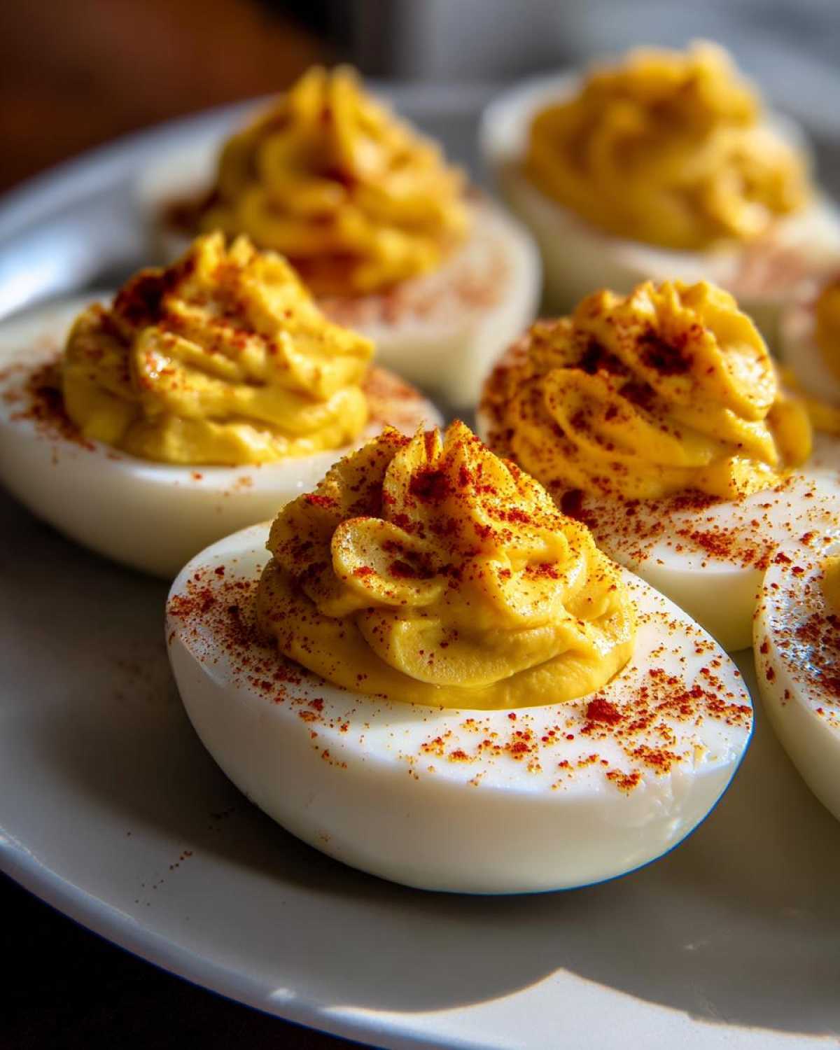 Close-up of perfectly piped deviled eggs topped with a dusting of bright red paprika on a white plate.