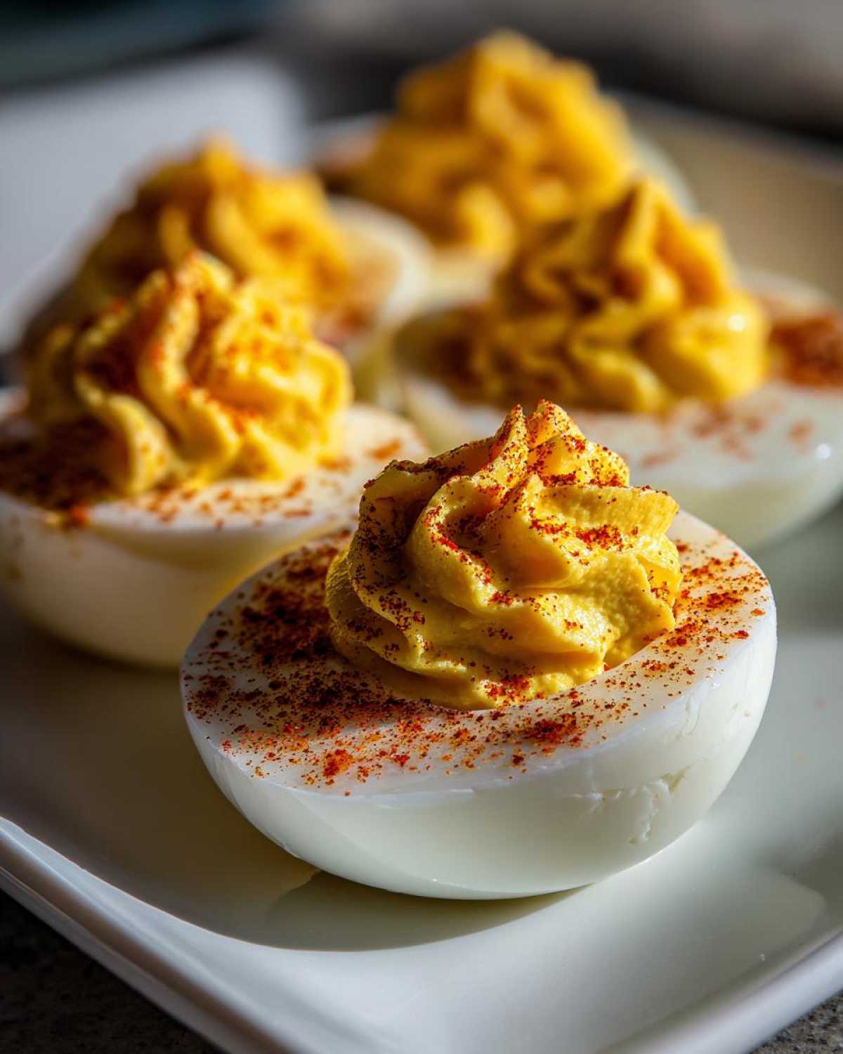 Close-up of perfectly piped deviled eggs topped with paprika, ready to serve.