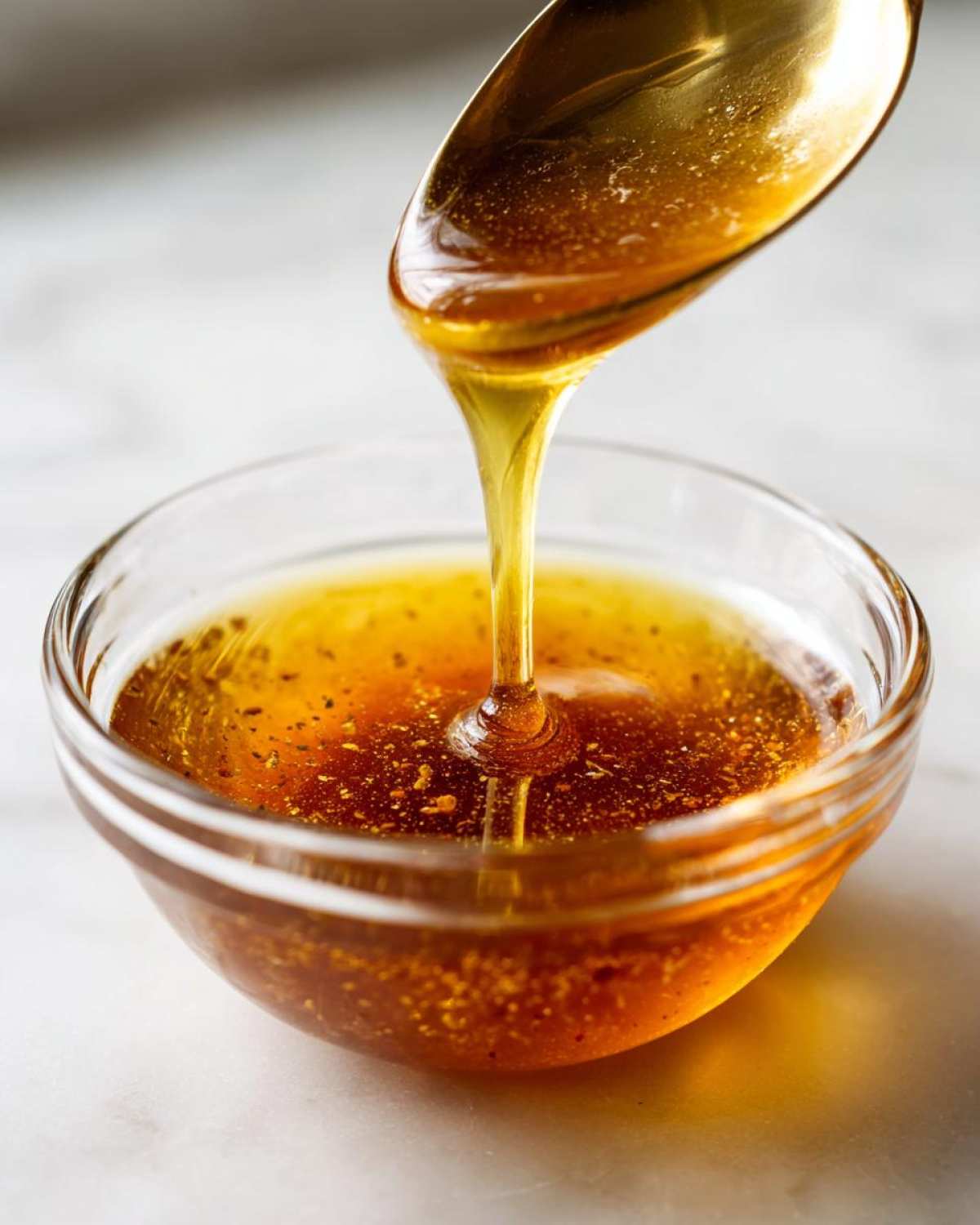 Close-up of golden Copycat Apple Cider Vinaigrette being poured from a spoon into a small glass bowl.
