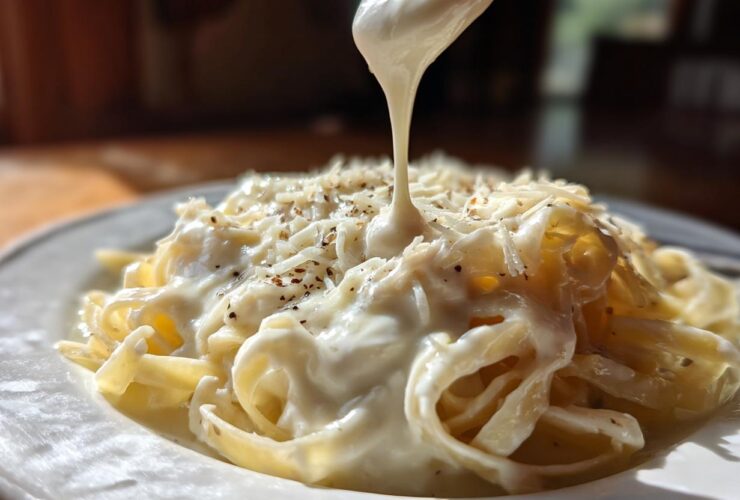 A close-up shot of thick, rich cream sauce being poured over a mound of fettuccine pasta topped with grated cheese.