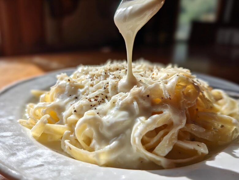 A close-up shot of thick, rich cream sauce being poured over a mound of fettuccine pasta topped with grated cheese.