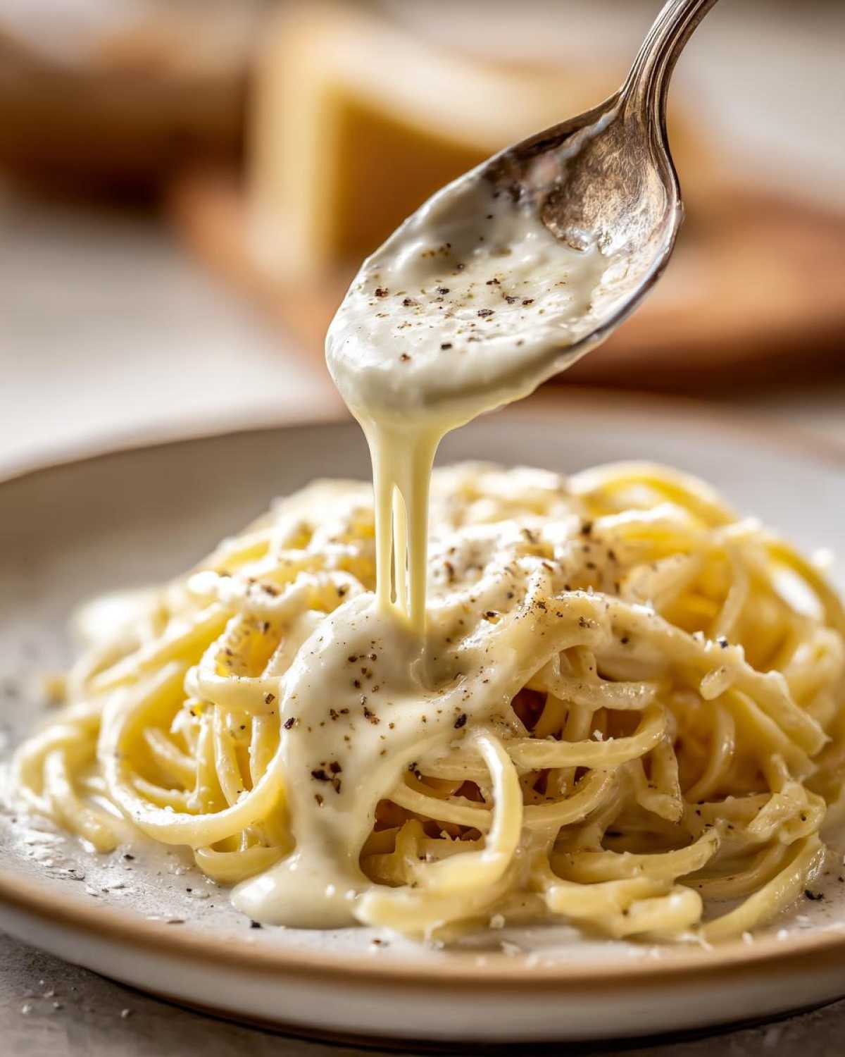 A spoonful of rich, peppery cream sauce is being drizzled over a plate of spaghetti.