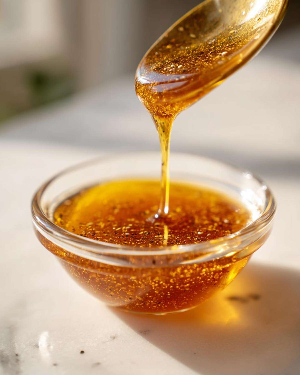 Close-up of thick, amber liquid being poured from a spoon into a small glass bowl of Copycat Apple Cider Vinaigrette.