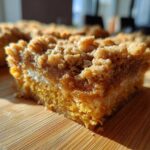 A close-up, sunlit view of a rich, layered pumpkin crisp bar slice showing the crumb topping and creamy filling.