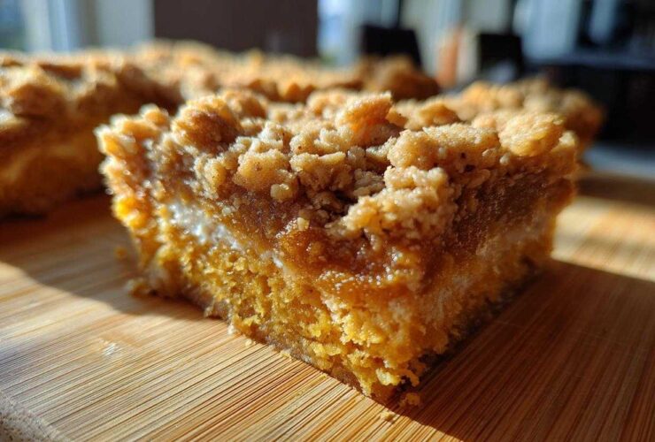 A close-up, sunlit view of a rich, layered pumpkin crisp bar slice showing the crumb topping and creamy filling.