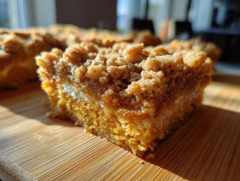 A close-up, sunlit view of a rich, layered pumpkin crisp bar slice showing the crumb topping and creamy filling.