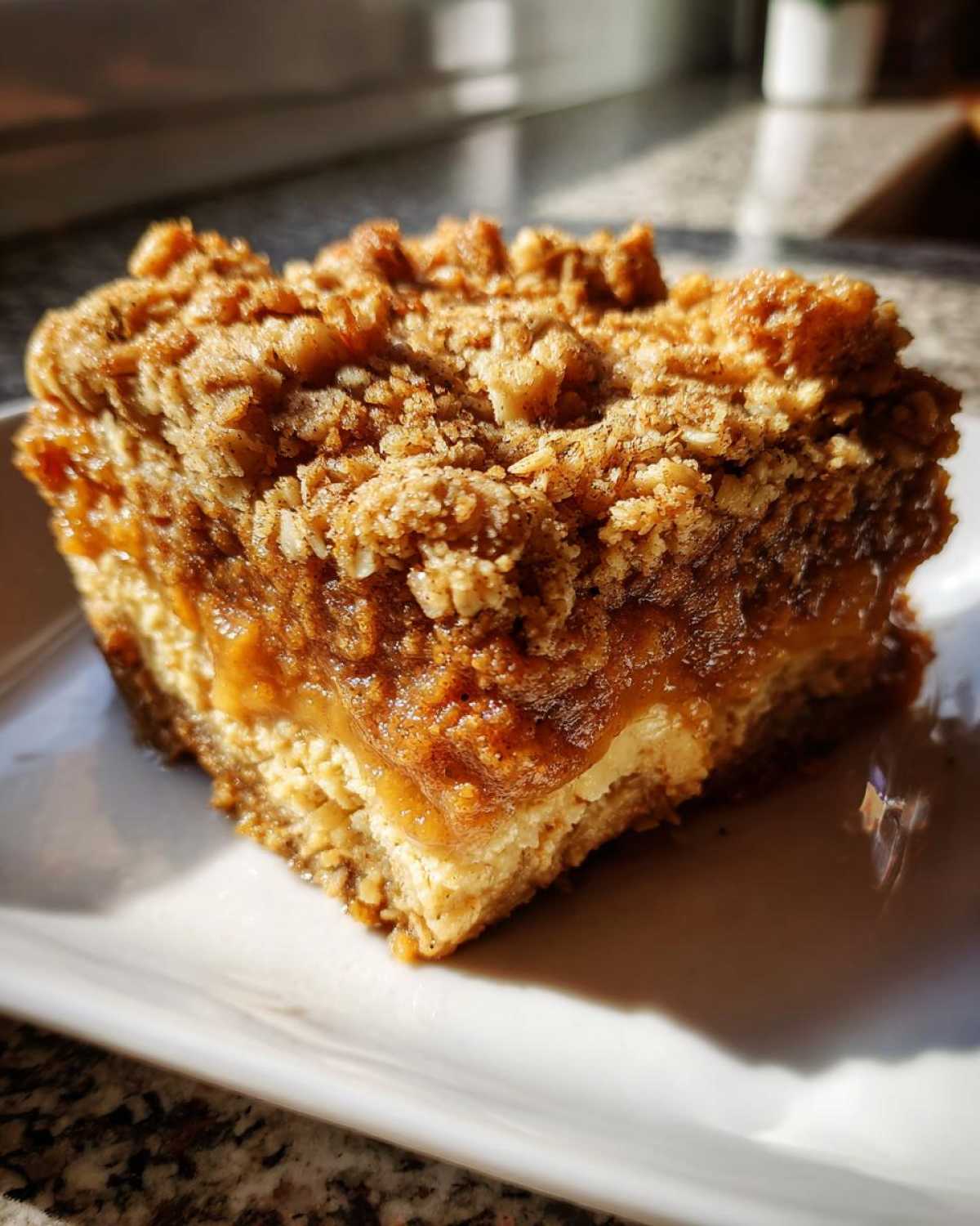 A close-up, sunlit square slice of pumpkin crisp showing layers of creamy filling and a thick, crunchy oat crumble topping.