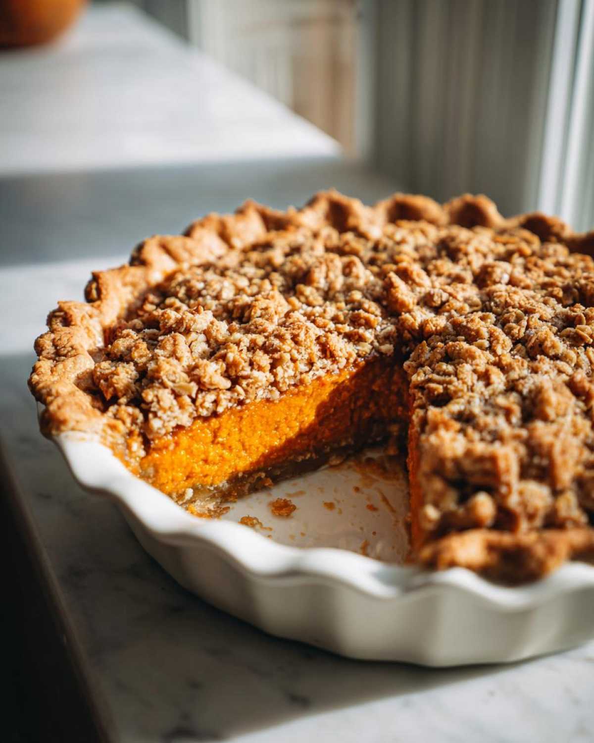 A freshly baked pumpkin crisp in a white dish, showing the vibrant orange filling and crumbly topping, with one slice missing.