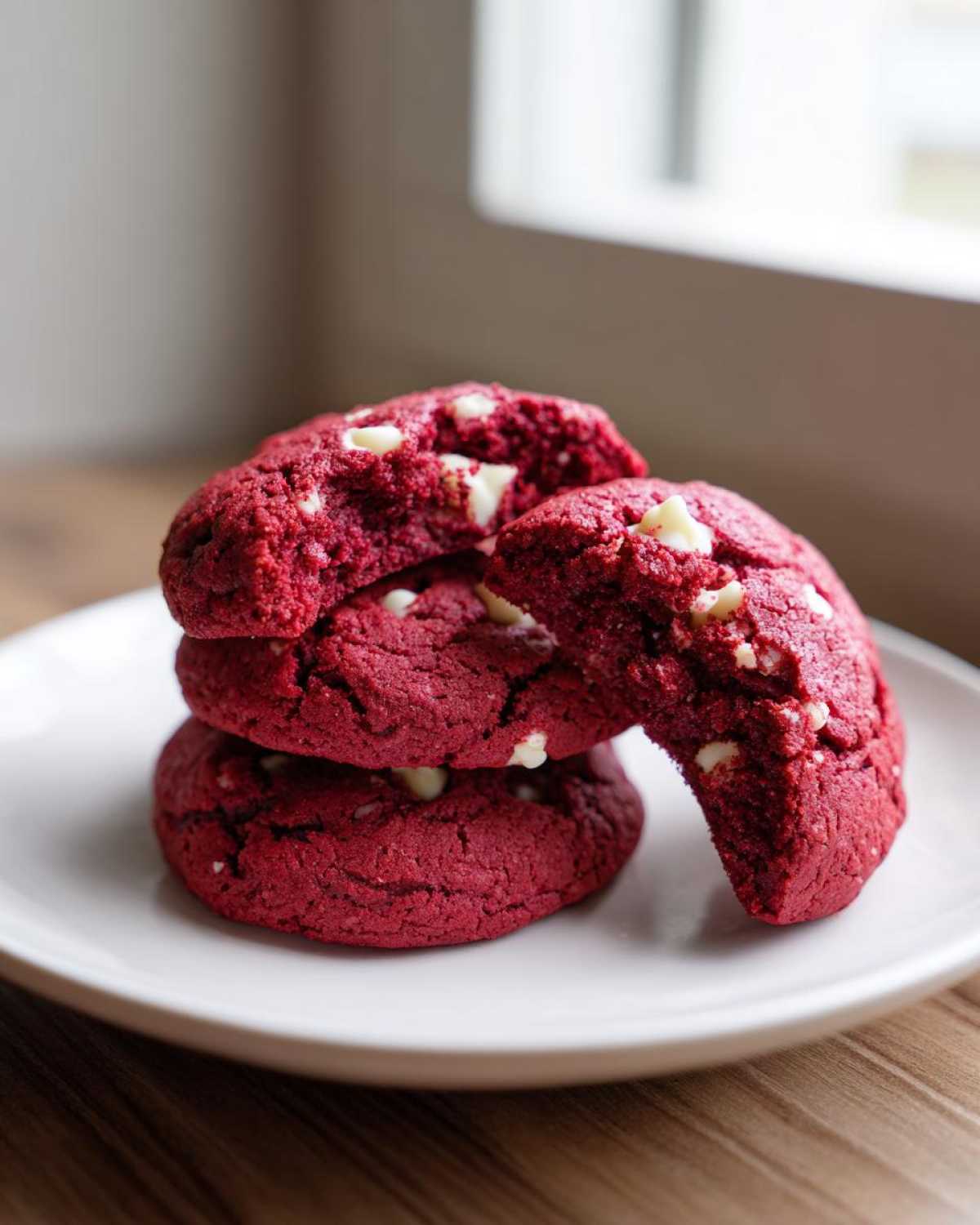 A stack of three vibrant red velvet cake mix cookies with visible white chocolate chips, one broken open.