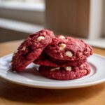 A stack of four vibrant red velvet cake mix cookies studded with white chocolate chips on a white plate.