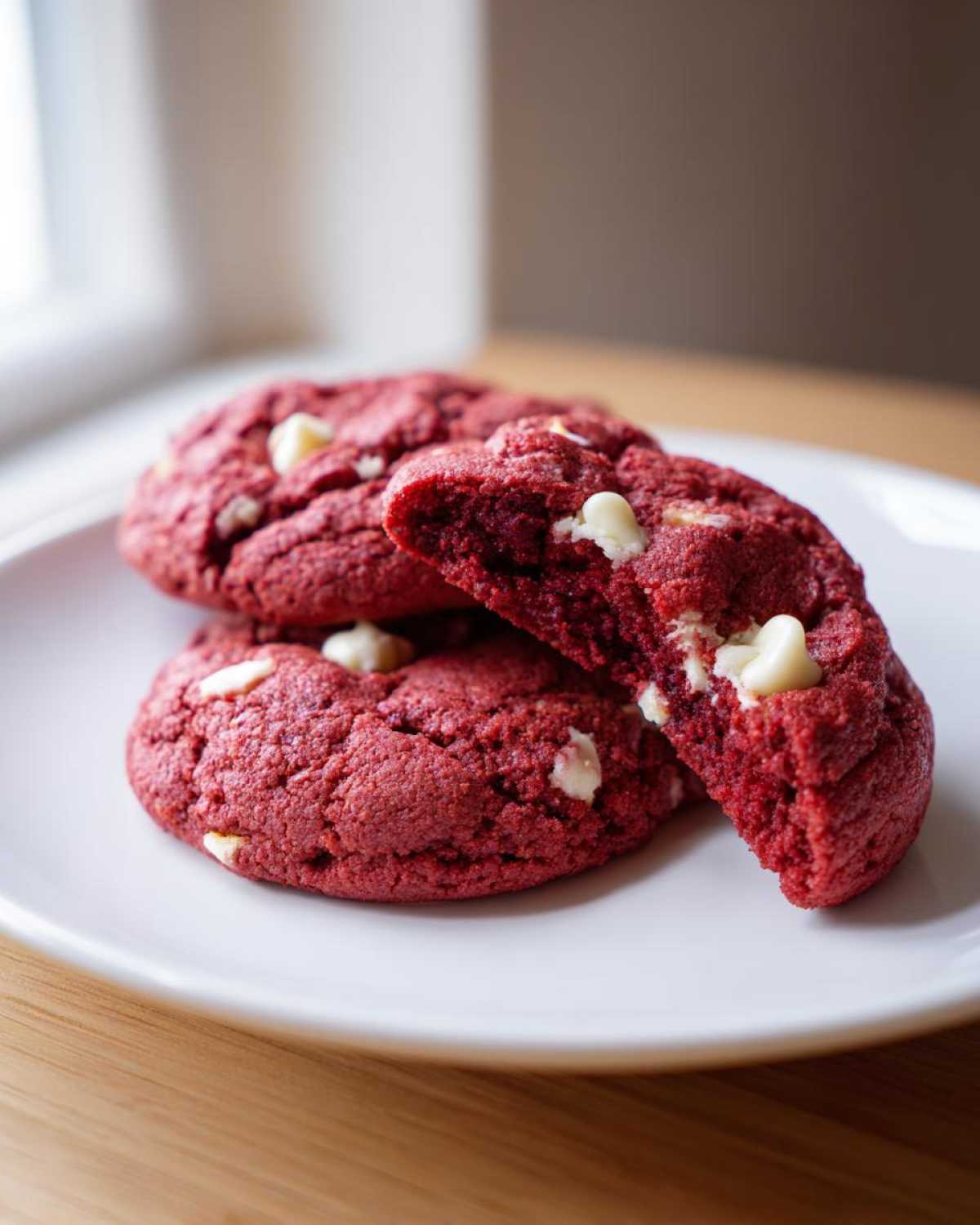 Three vibrant red velvet cake mix cookies on a white plate, one broken open showing the soft interior and white chocolate chips.