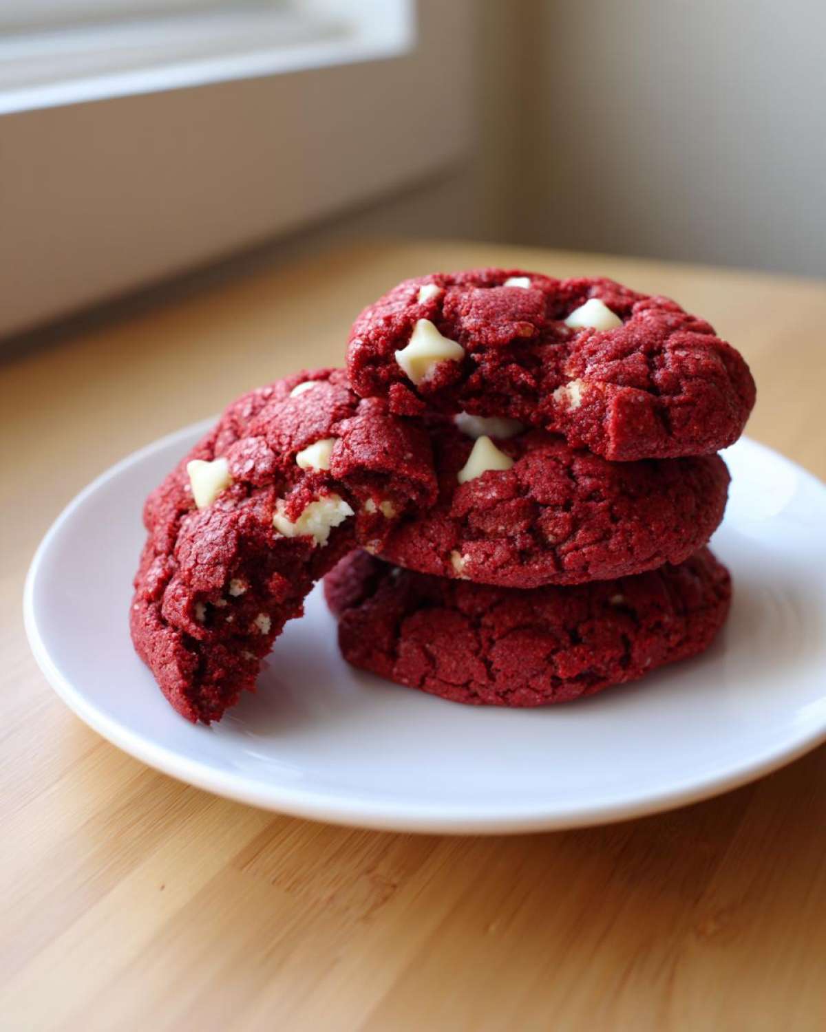 A stack of three vibrant red velvet cake mix cookies with white chocolate chips on a white plate.