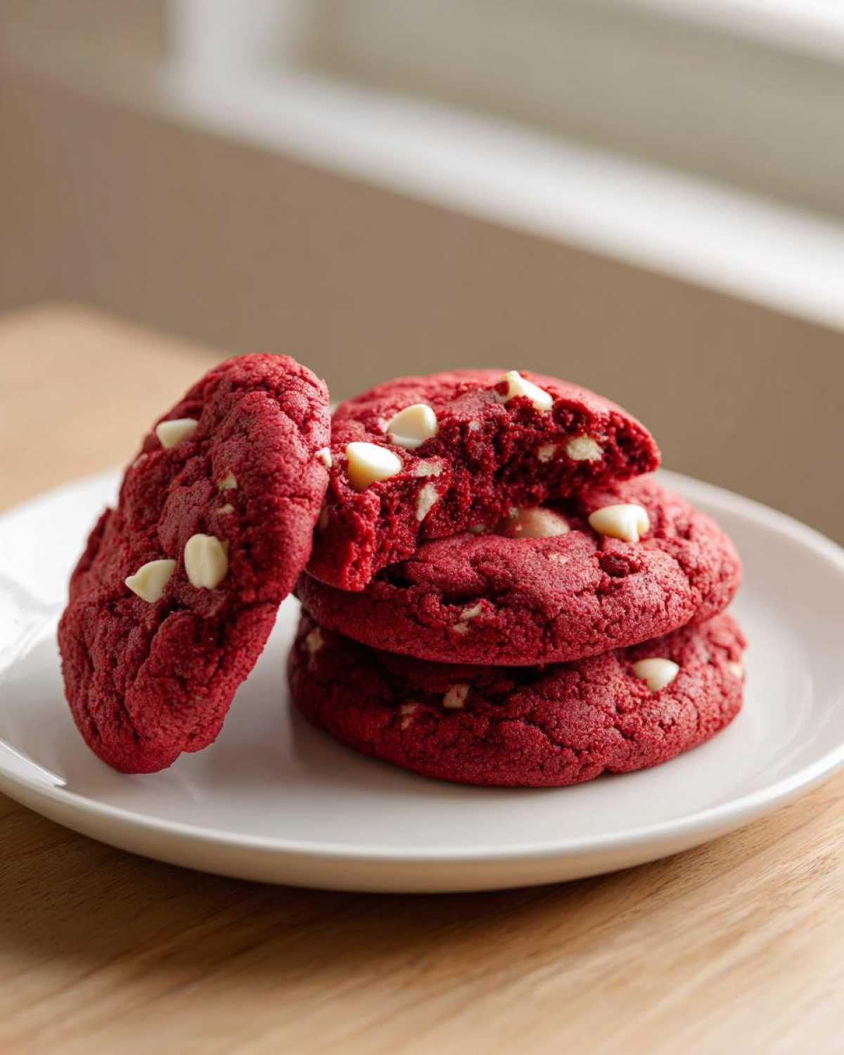 A stack of vibrant red velvet cake mix cookies studded with white chocolate chips on a white plate.