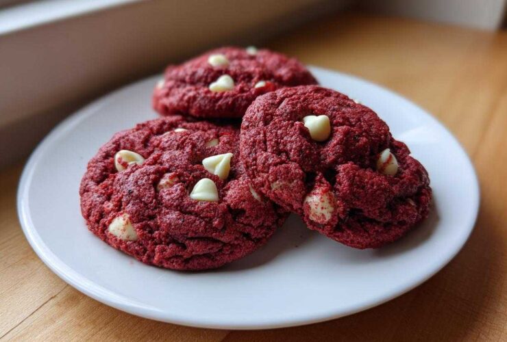 Three rich, red velvet cake mix cookies studded with white chocolate chips, resting on a white plate.