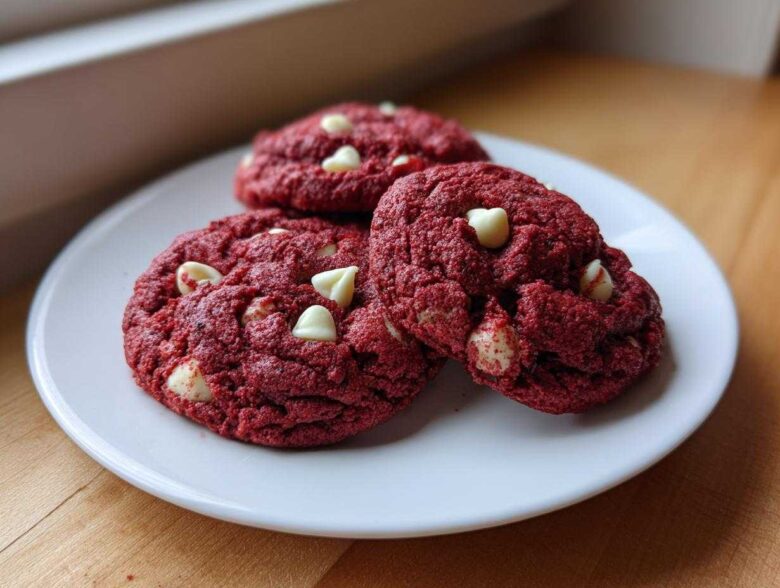 Three rich, red velvet cake mix cookies studded with white chocolate chips, resting on a white plate.