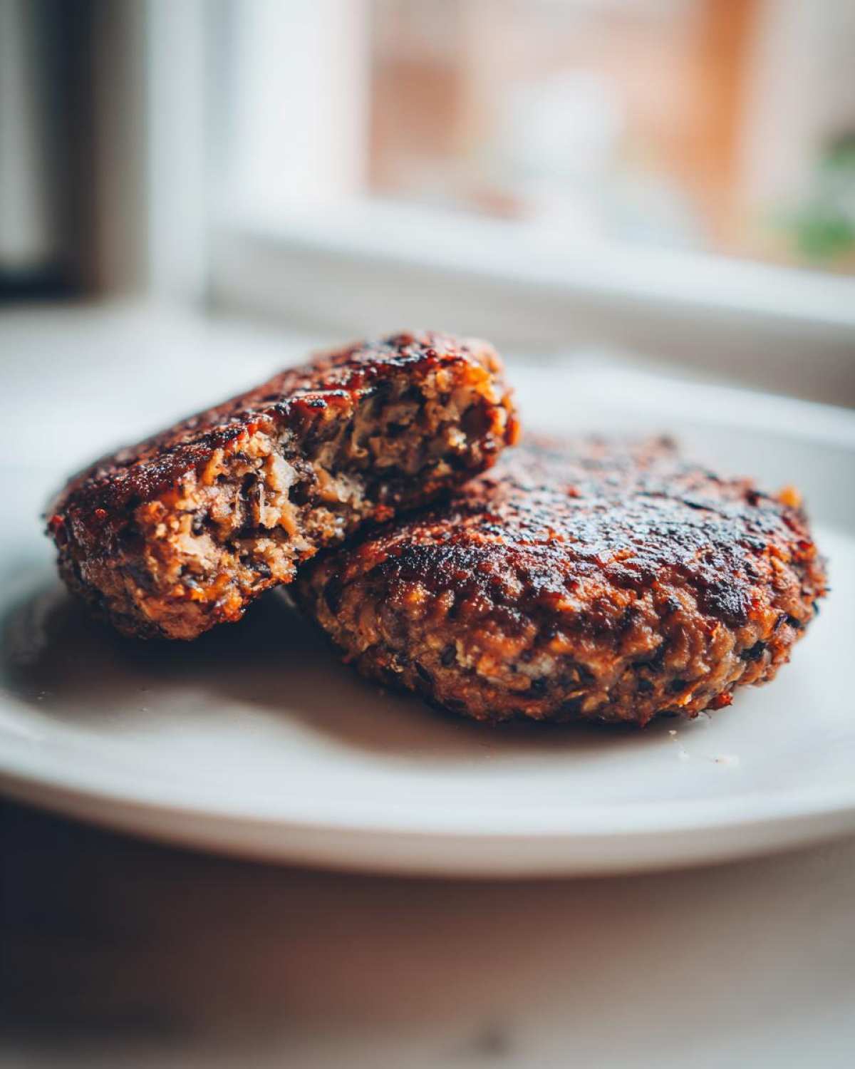 Two perfectly seared black bean burger patties, one cut in half showing the interior texture.