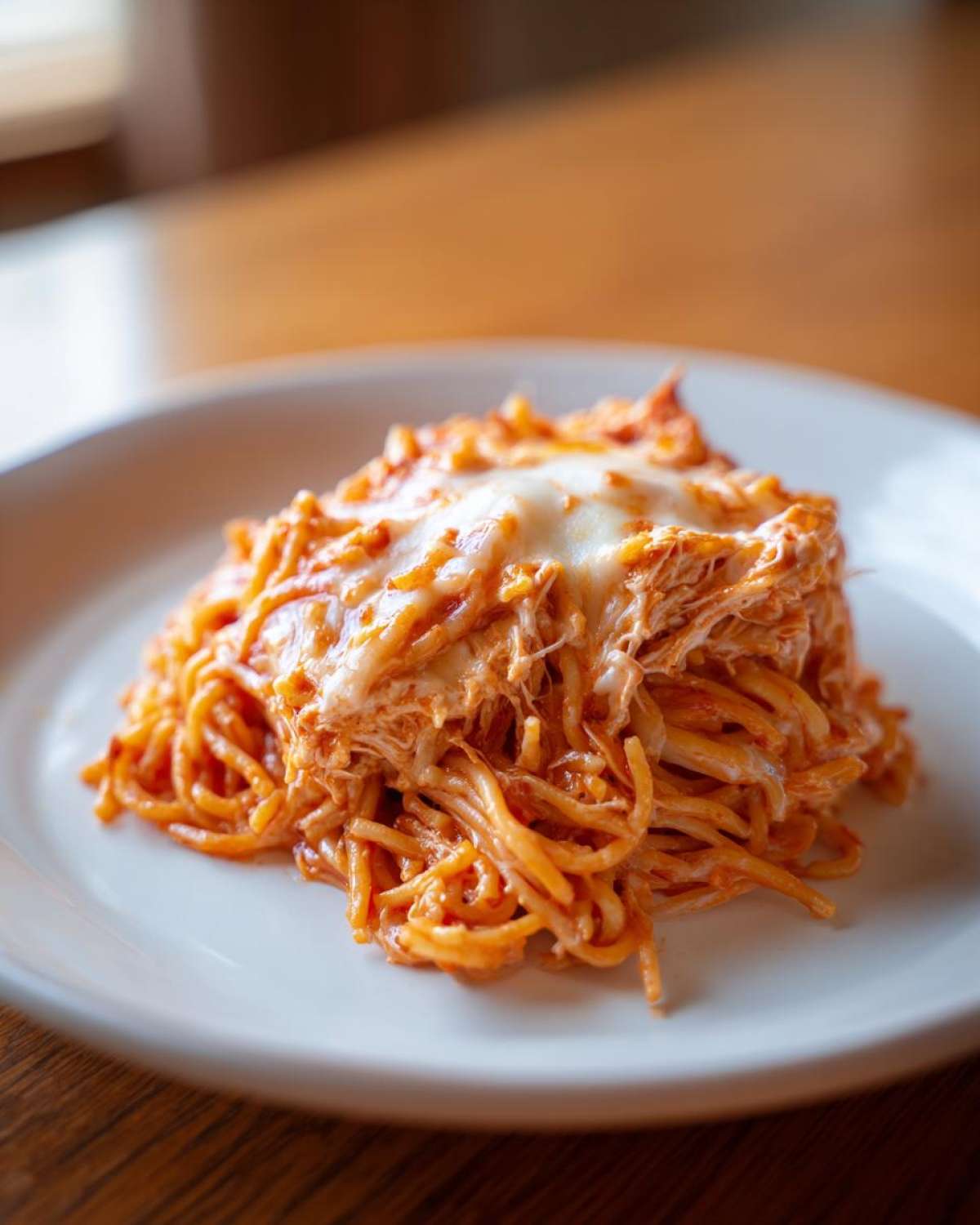 A close-up serving of baked chicken spaghetti casserole topped with melted white cheese.