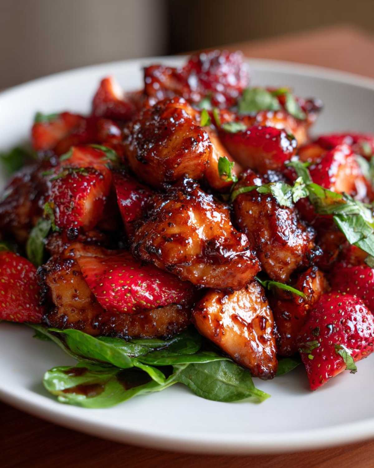 Close-up of glazed chicken pieces mixed with fresh strawberries and spinach, part of the Sheet Pan Balsamic Strawberry Chicken.