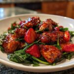 Glazed pieces of Sheet Pan Balsamic Strawberry Chicken served over wilted spinach and fresh strawberry halves.