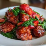 Close-up of glazed Sheet Pan Balsamic Strawberry Chicken pieces mixed with wilted spinach and fresh strawberries.