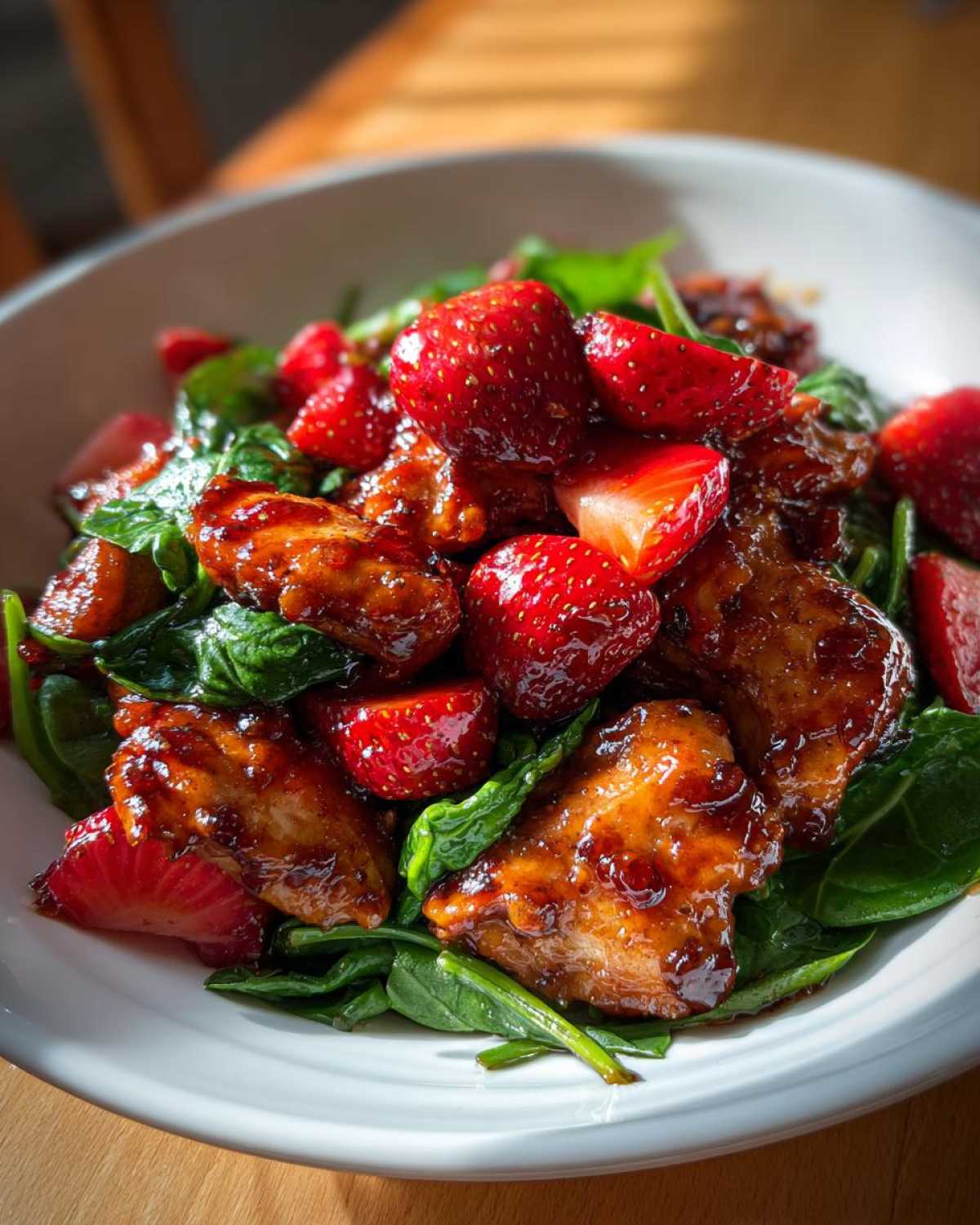 Close-up of glazed Sheet Pan Balsamic Strawberry Chicken served over fresh spinach and topped with halved strawberries.