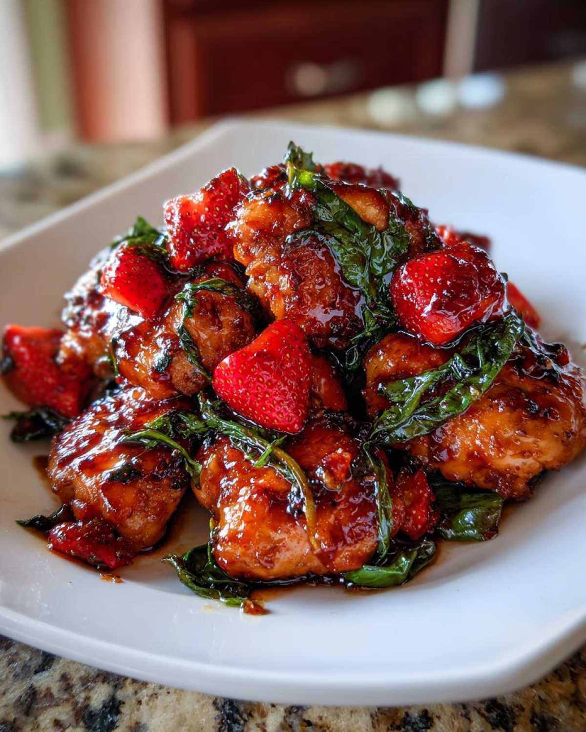 Close-up of glazed chicken pieces mixed with fresh strawberries and wilted spinach from the Sheet Pan Balsamic Strawberry Chicken recipe.