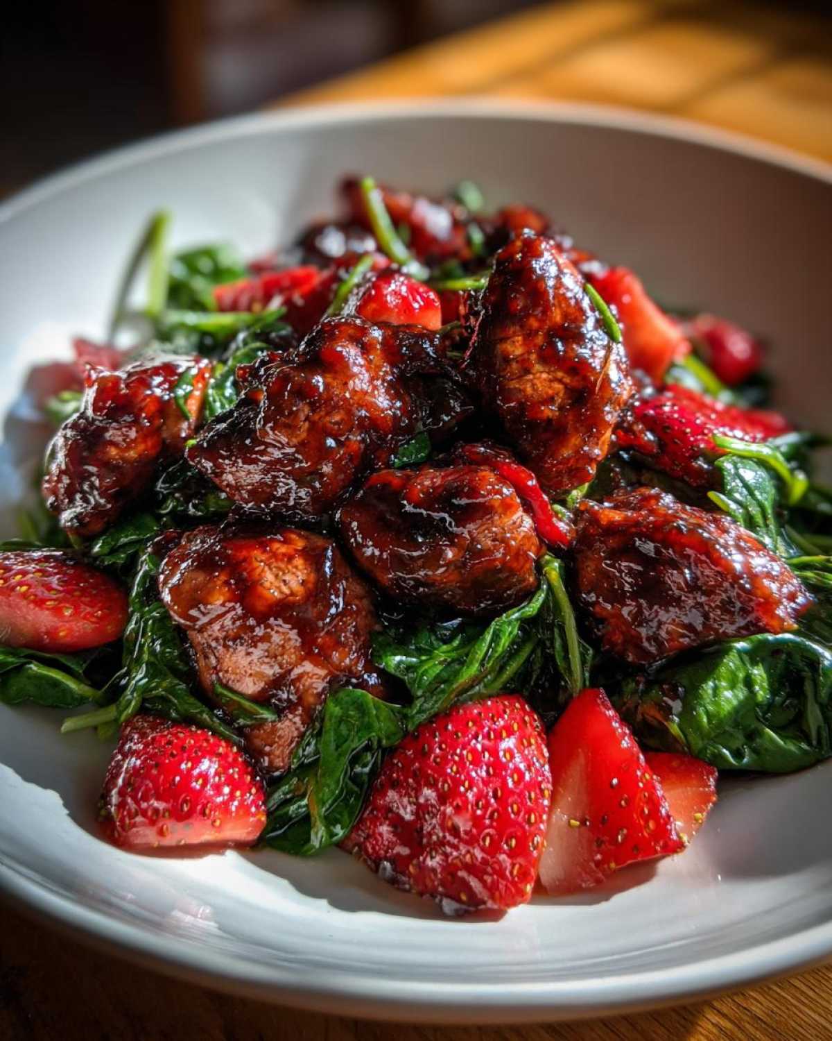 Close-up of glazed chicken pieces served over wilted spinach and fresh strawberry slices, part of the Sheet Pan Balsamic Strawberry Chicken.