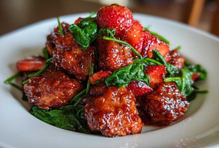 Close-up of glazed Sheet Pan Balsamic Strawberry Chicken pieces mixed with wilted spinach and fresh strawberries.