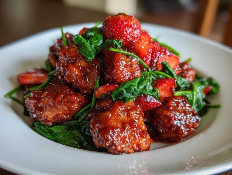 Close-up of glazed Sheet Pan Balsamic Strawberry Chicken pieces mixed with wilted spinach and fresh strawberries.