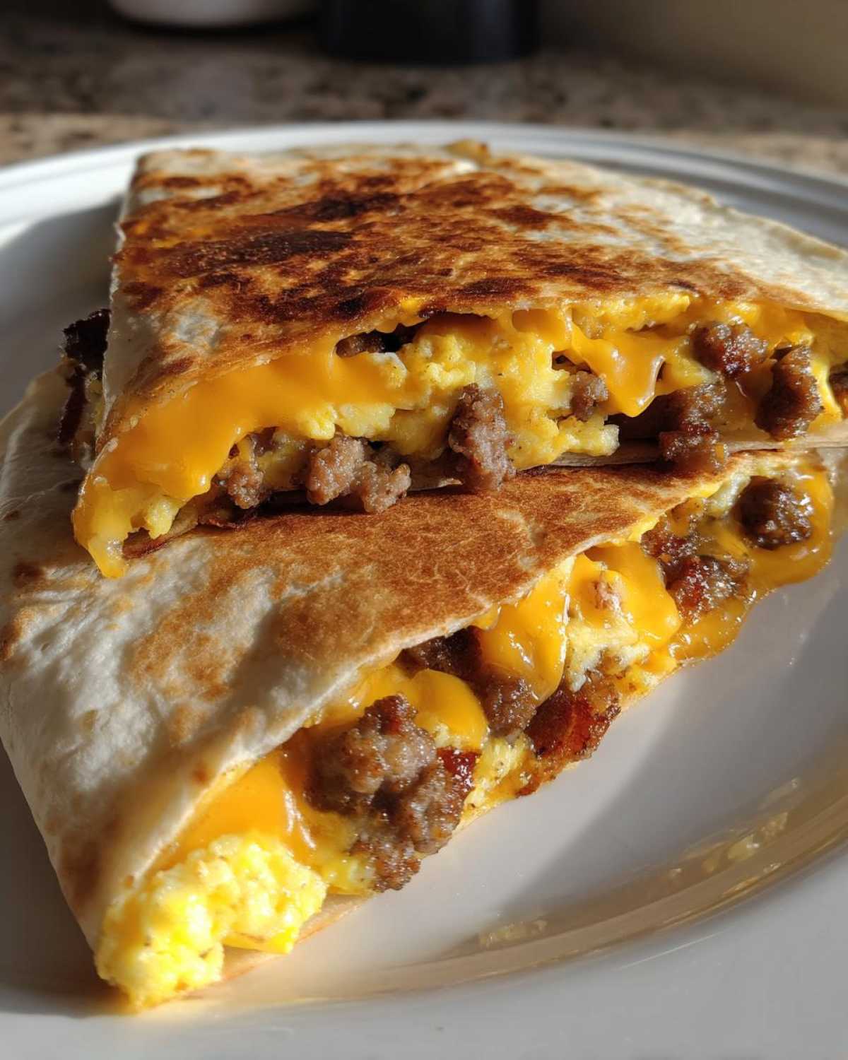 Cross-section view of a golden-brown Sheet Pan Breakfast Quesadillas stuffed with scrambled eggs, sausage, and melted cheddar cheese.