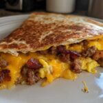 Melted cheese, scrambled eggs, sausage, and bacon spilling out of a crispy Sheet Pan Breakfast Quesadillas slice.