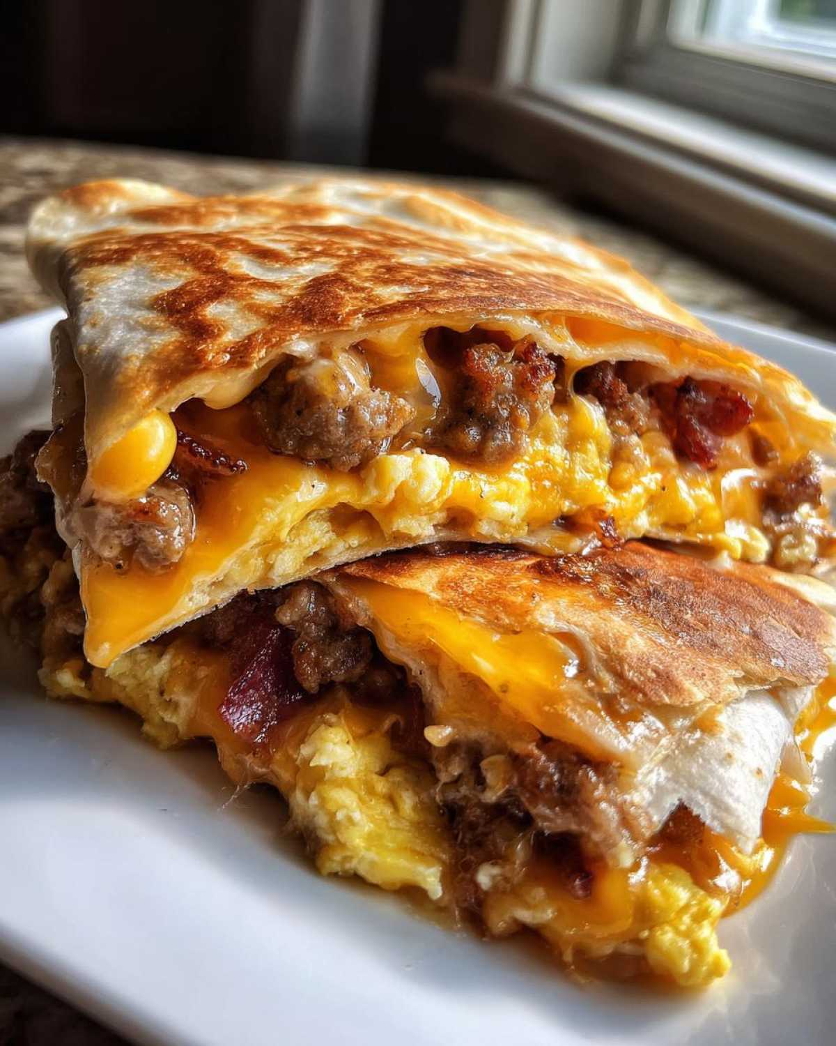 Close-up of a Sheet Pan Breakfast Quesadillas cut in half, showing melted cheese, scrambled eggs, and sausage filling.