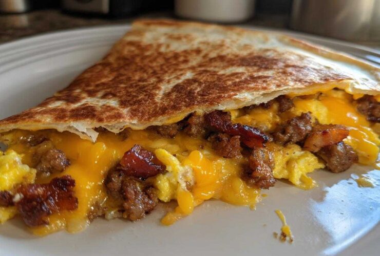 Melted cheese, scrambled eggs, sausage, and bacon spilling out of a crispy Sheet Pan Breakfast Quesadillas slice.
