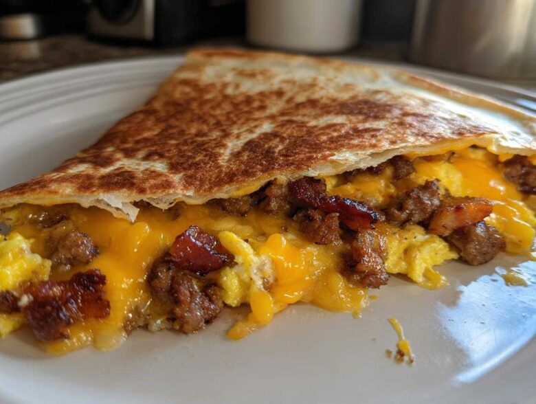 Melted cheese, scrambled eggs, sausage, and bacon spilling out of a crispy Sheet Pan Breakfast Quesadillas slice.
