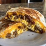 Close-up of Sheet Pan Breakfast Quesadillas cut in half, showing melted cheese, scrambled eggs, sausage, and bacon.