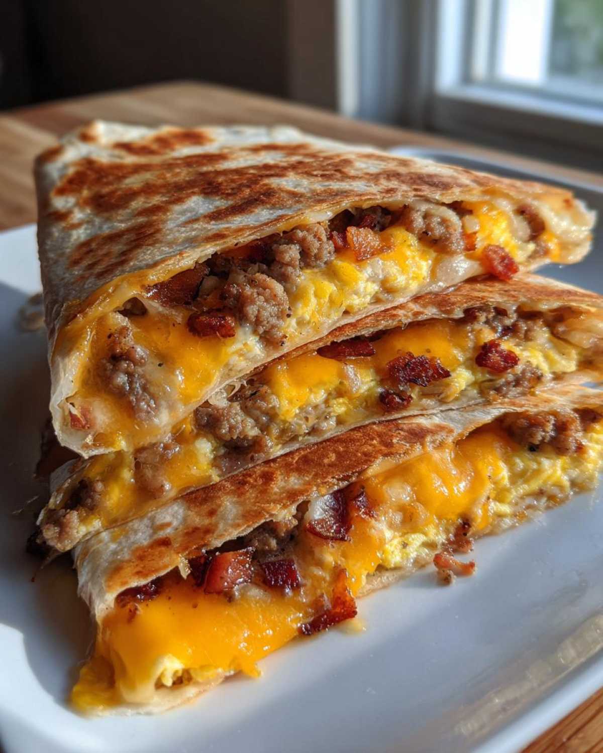 Close-up of stacked Sheet Pan Breakfast Quesadillas showing melted cheddar cheese, scrambled eggs, sausage, and bacon.