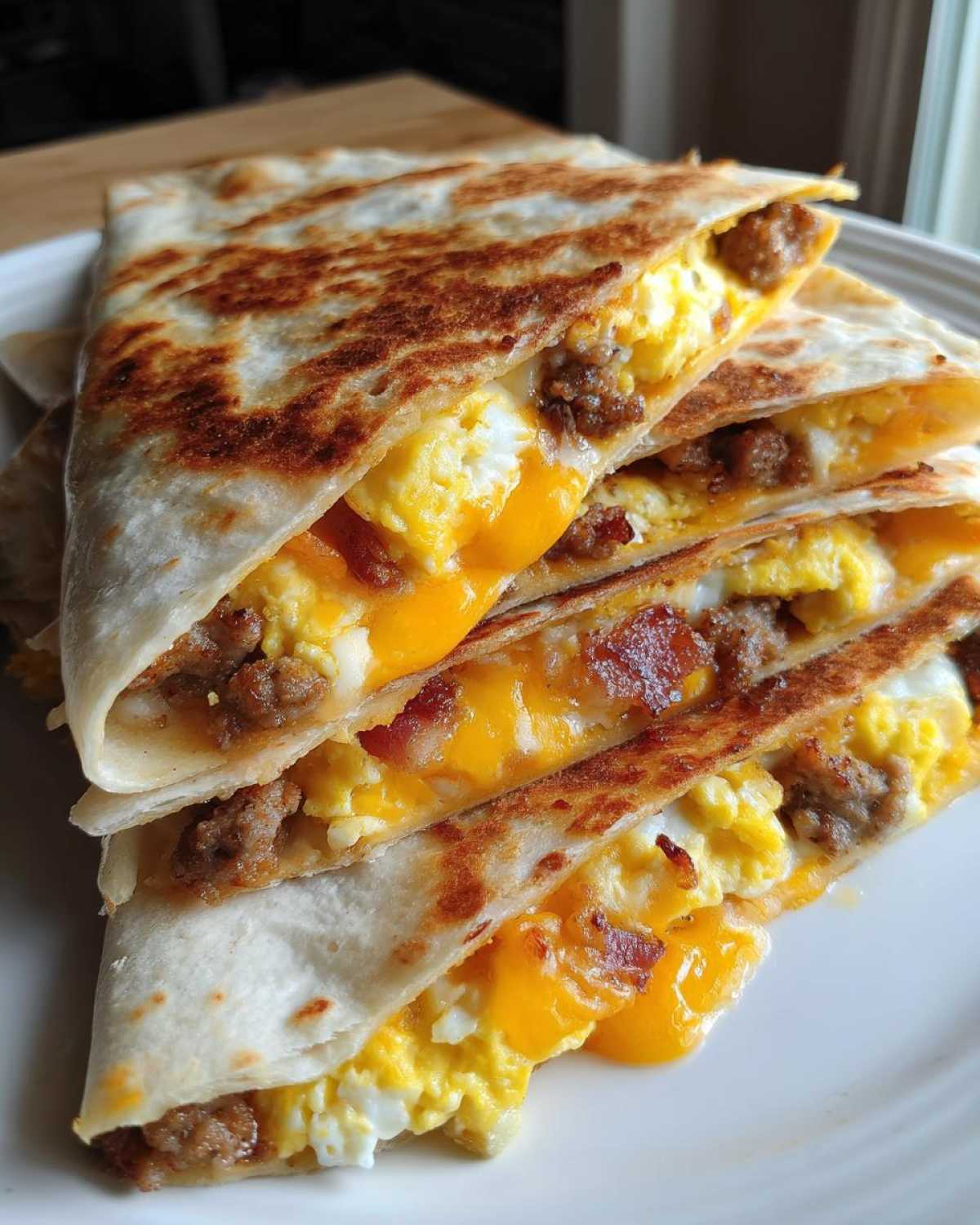 Close-up of stacked, golden-brown Sheet Pan Breakfast Quesadillas filled with scrambled eggs, sausage, and melted cheddar cheese.