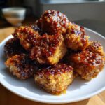 A pile of crispy Sheet Pan Crispy Honey Garlic Tofu Nuggets coated in a thick, shiny glaze with visible sesame seeds.