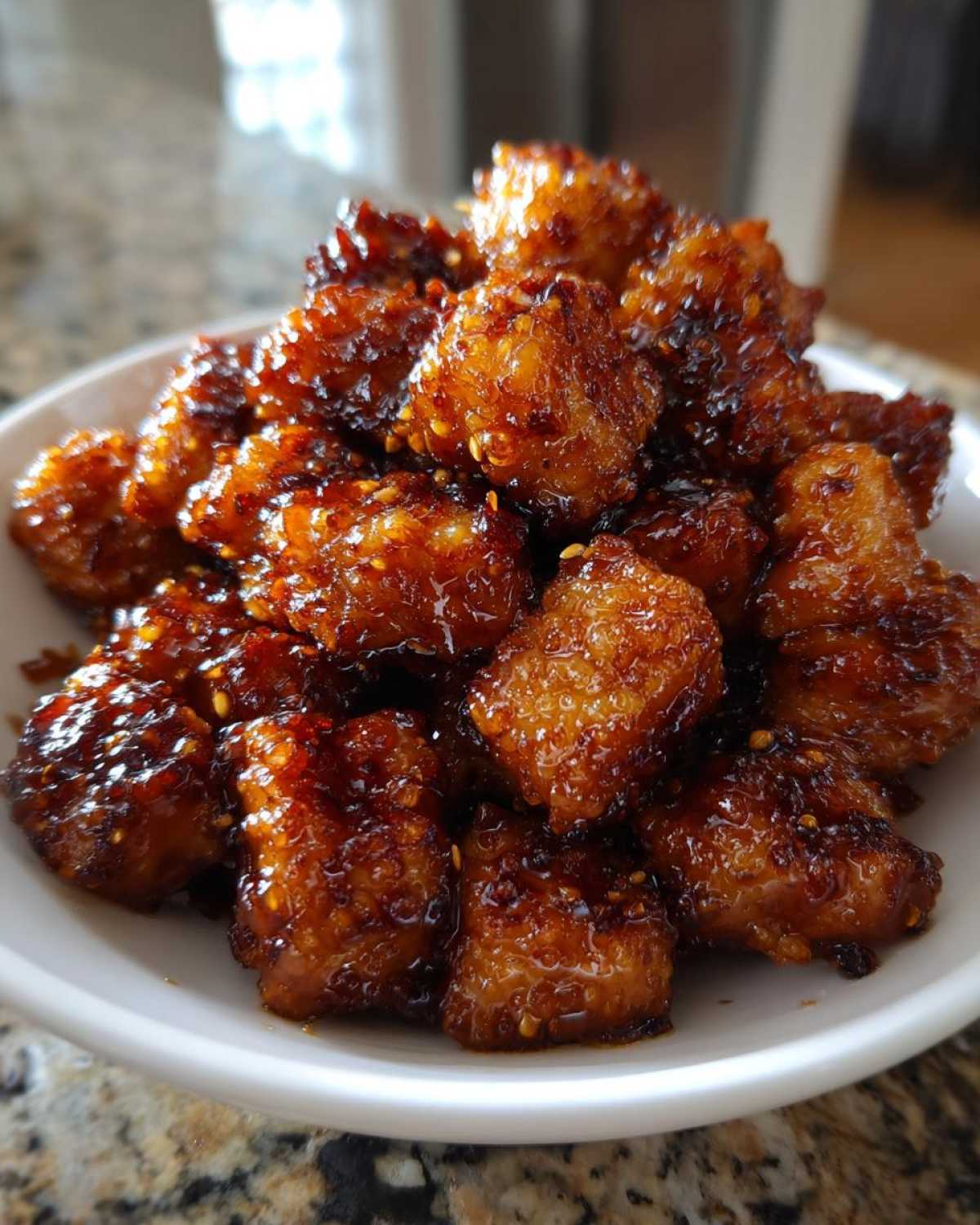 A close-up of a white bowl filled with crispy Sheet Pan Crispy Honey Garlic Tofu Nuggets coated in a sticky, dark glaze and sprinkled with sesame seeds.