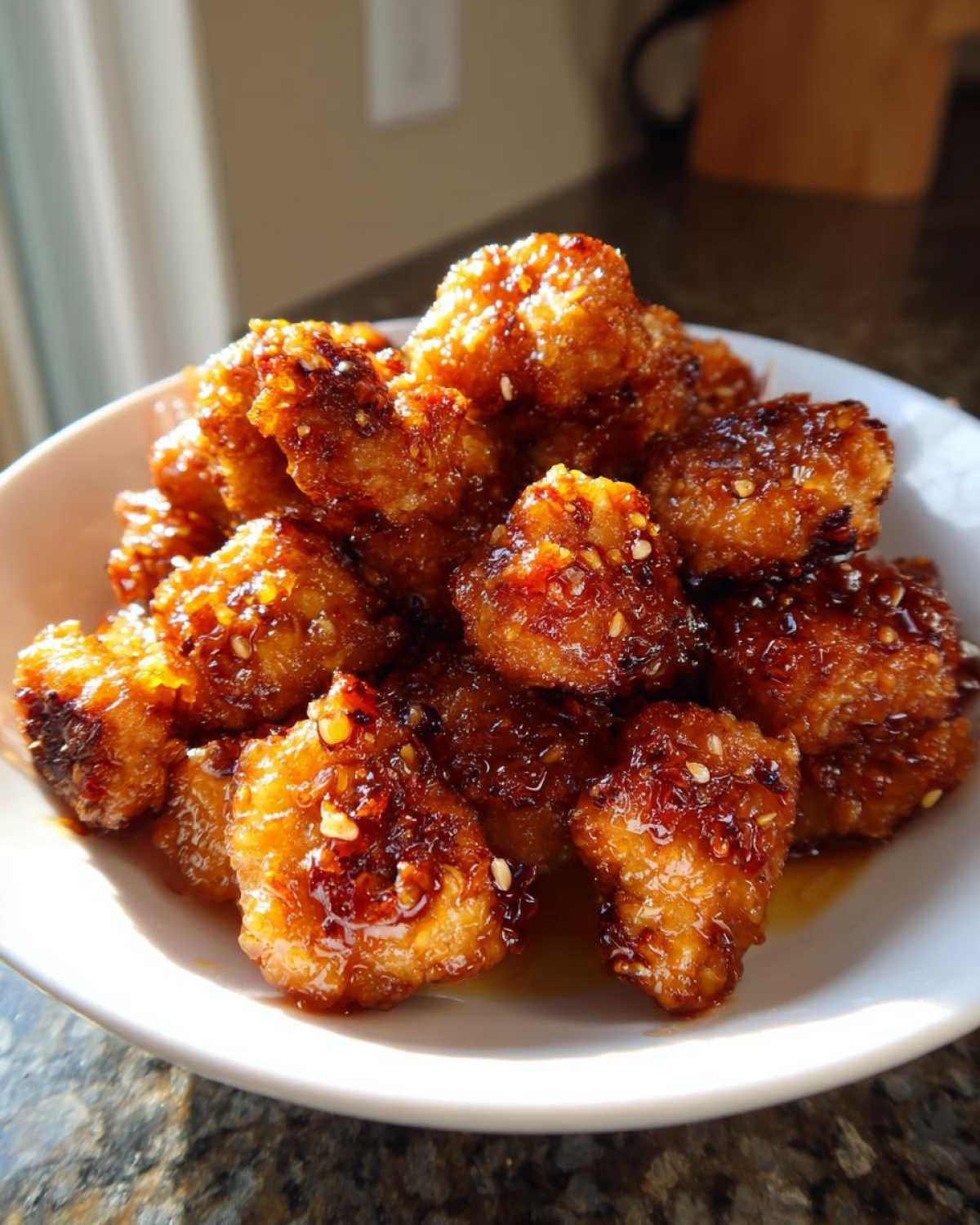 A close-up of crispy Sheet Pan Crispy Honey Garlic Tofu Nuggets coated in a shiny, sticky glaze and sprinkled with sesame seeds.