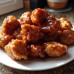 A close-up of crispy honey garlic tofu nuggets piled on a white plate, coated in a shiny glaze.
