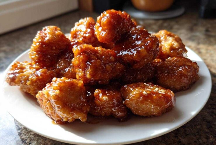 A close-up of crispy honey garlic tofu nuggets piled on a white plate, coated in a shiny glaze.