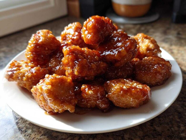 A close-up of crispy honey garlic tofu nuggets piled on a white plate, coated in a shiny glaze.