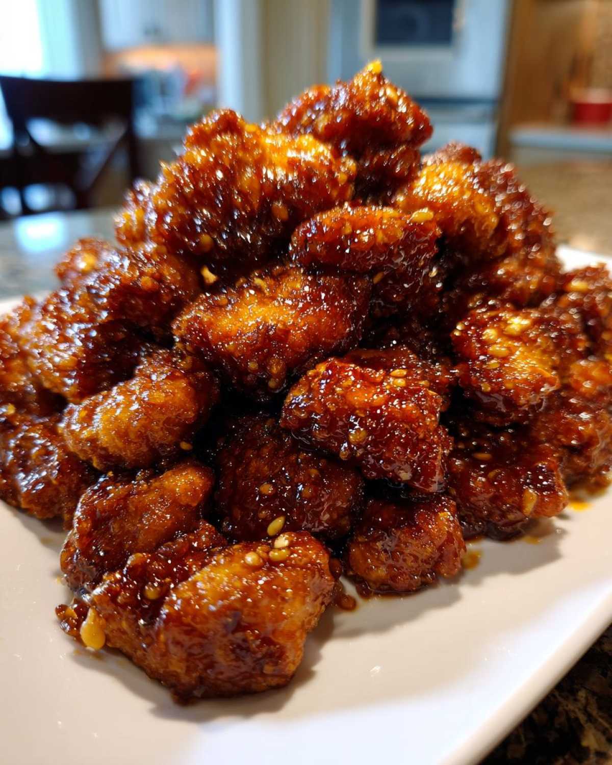 Close-up of a mound of crispy Sheet Pan Crispy Honey Garlic Tofu Nuggets coated in a thick, shiny, dark glaze and sprinkled with sesame seeds.