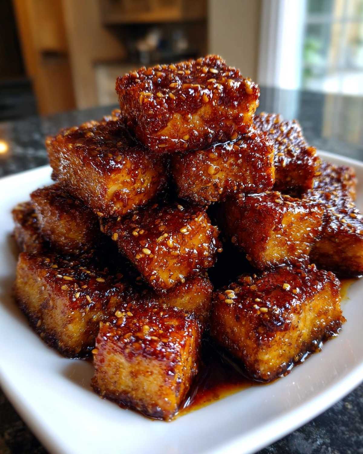 A close-up stack of crispy Sheet Pan Crispy Honey Garlic Tofu Nuggets coated in a thick, glossy sauce and sprinkled with sesame seeds.