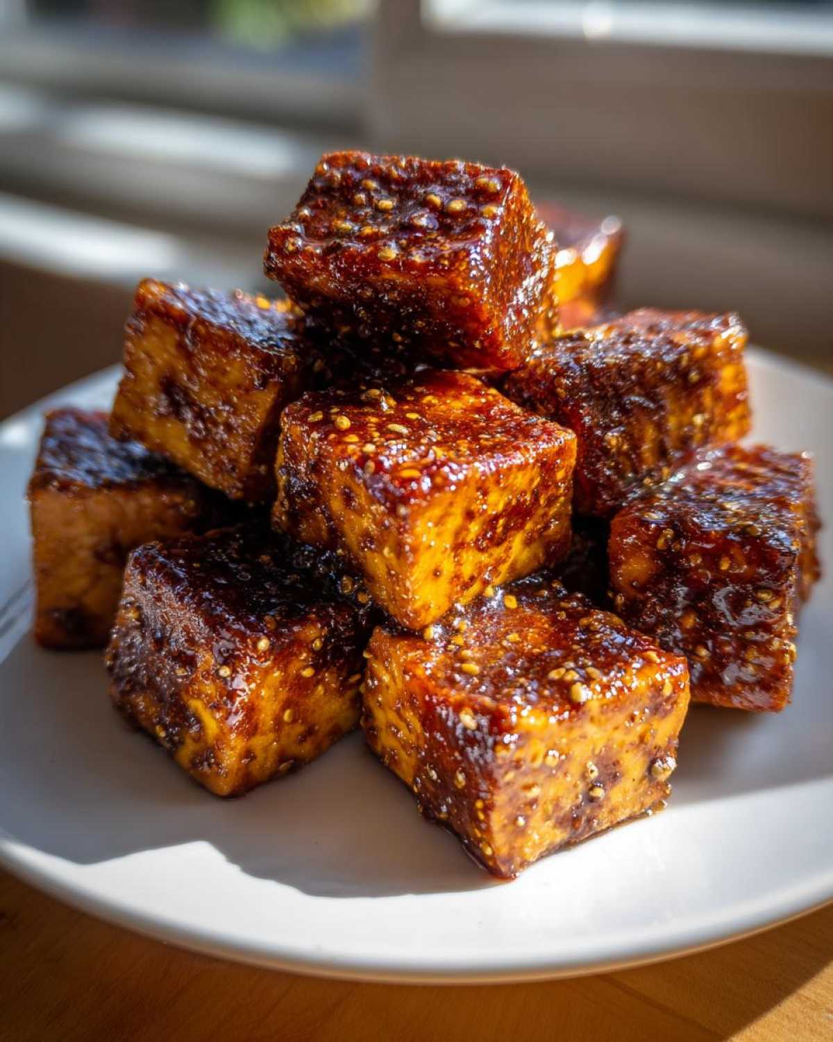 A stack of crispy, glazed tofu cubes coated in a dark, shiny sauce with visible sesame seeds, representing Sheet Pan Crispy Honey Mustard Tofu.
