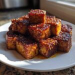 A stack of crispy Sheet Pan Crispy Honey Mustard Tofu cubes coated in a shiny glaze and sprinkled with sesame seeds.