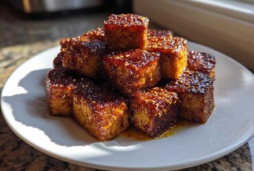 A stack of crispy Sheet Pan Crispy Honey Mustard Tofu cubes coated in a shiny glaze and sprinkled with sesame seeds.